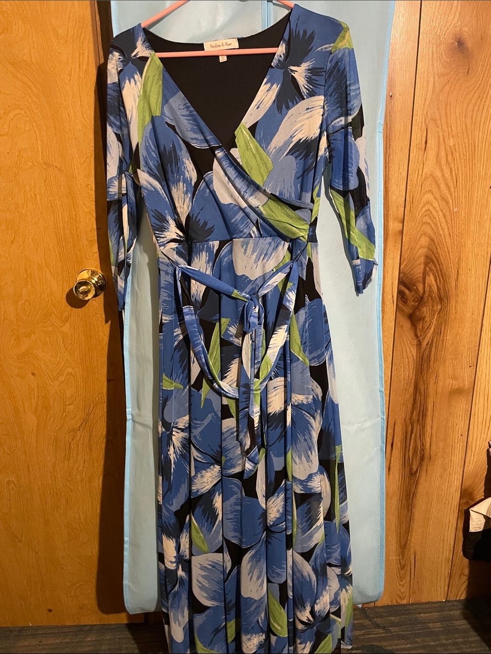 Violet & Claire Blue and Green Floral Wrap Maxi Dress with Long Sleeves